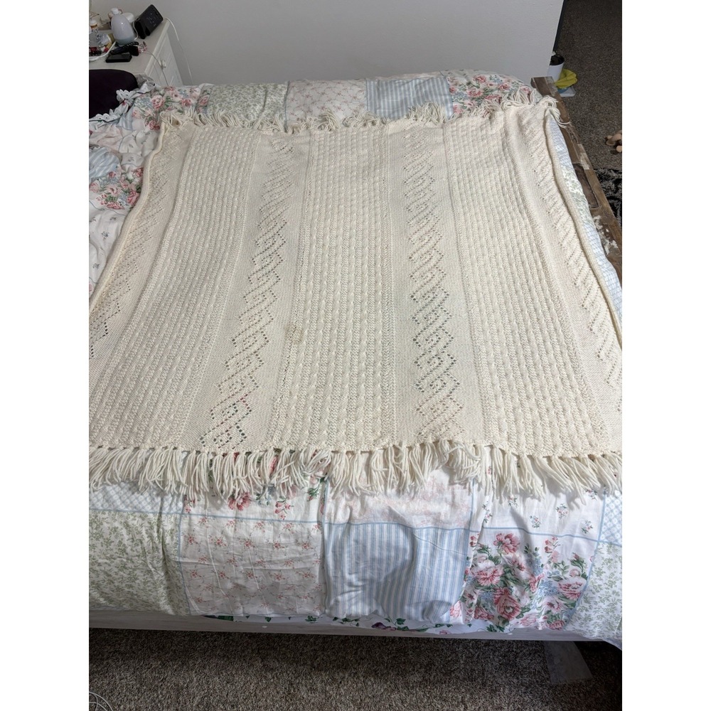 Cream Maybe Hand Crochet Bed Blanket Or Throw With Fringe 51"x 56"